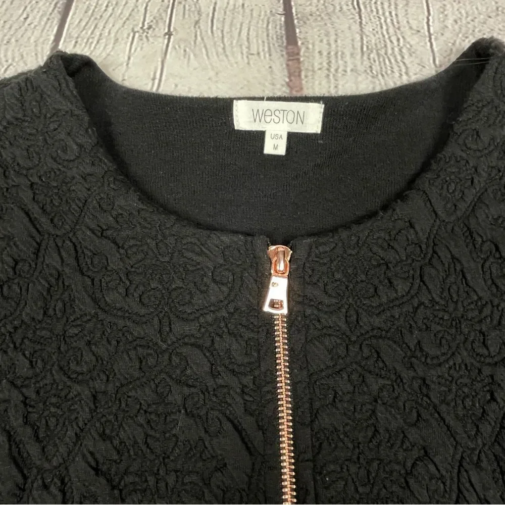 WESTON long black cardigan jacket with zipper and embroidered trim NWT, size M